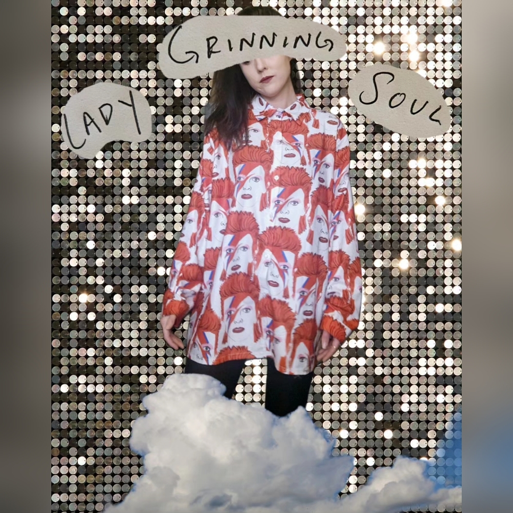 Oversized David Bowie Button Down Mini Shirt Dress - L